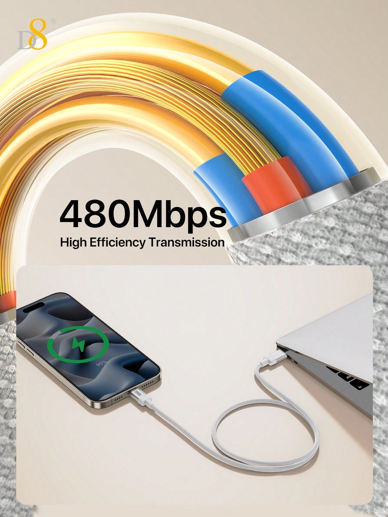 D8 USB-C 고속충전 케이블 (키체인 포함) 60W PD 지원 / 나일론 브레이드 / 실용적인 키링 디자인