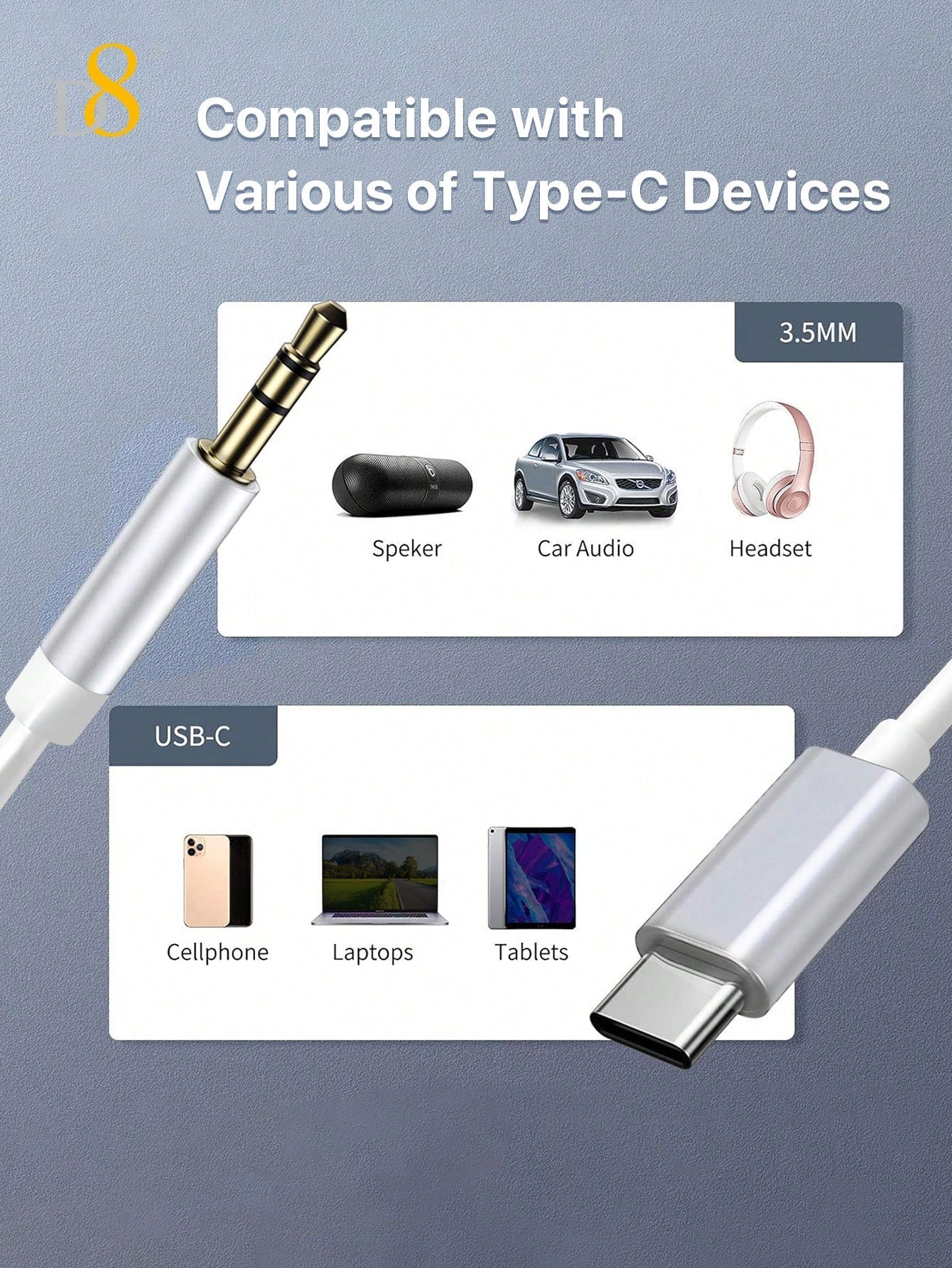 D8 USB-C to 3.5mm 오디오 케이블 (1m) – 아이폰 16·갤럭시 S24·아이패드 프로 완벽 호환 –