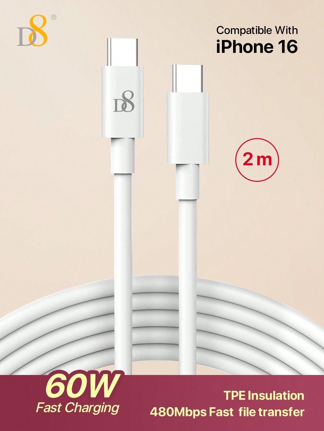D8 USB-C to USB-C 케이블 3A 고속충전 | 1M & 2M 선택 가능 | 데이터 전송 | 아이폰 16, 맥북, 갤럭시 호환