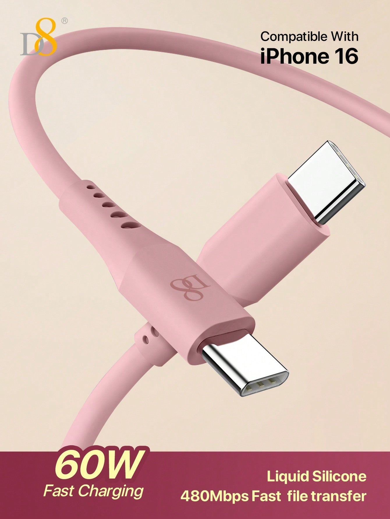 D8 USB-C to USB-C 충전 케이블 (1M) 3A 고속충전 | 부드러운 실리콘 소재 | USB 2.0 데이터 전송 | 맥북 & USB-C 기기 호환