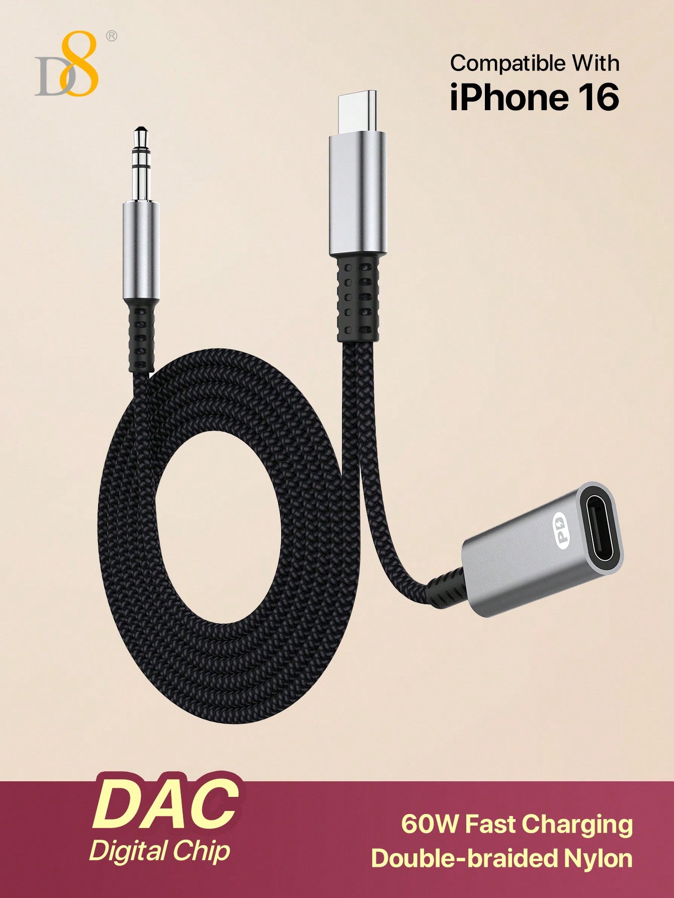 D8 USB-C to 3.5mm 오디오 + 충전 케이블 2-in-1 AUX & PD 60W 고속 충전 | 아이폰 16, 갤럭시 S24, 픽셀 등 호환 | 오디오+충전 동시 지원