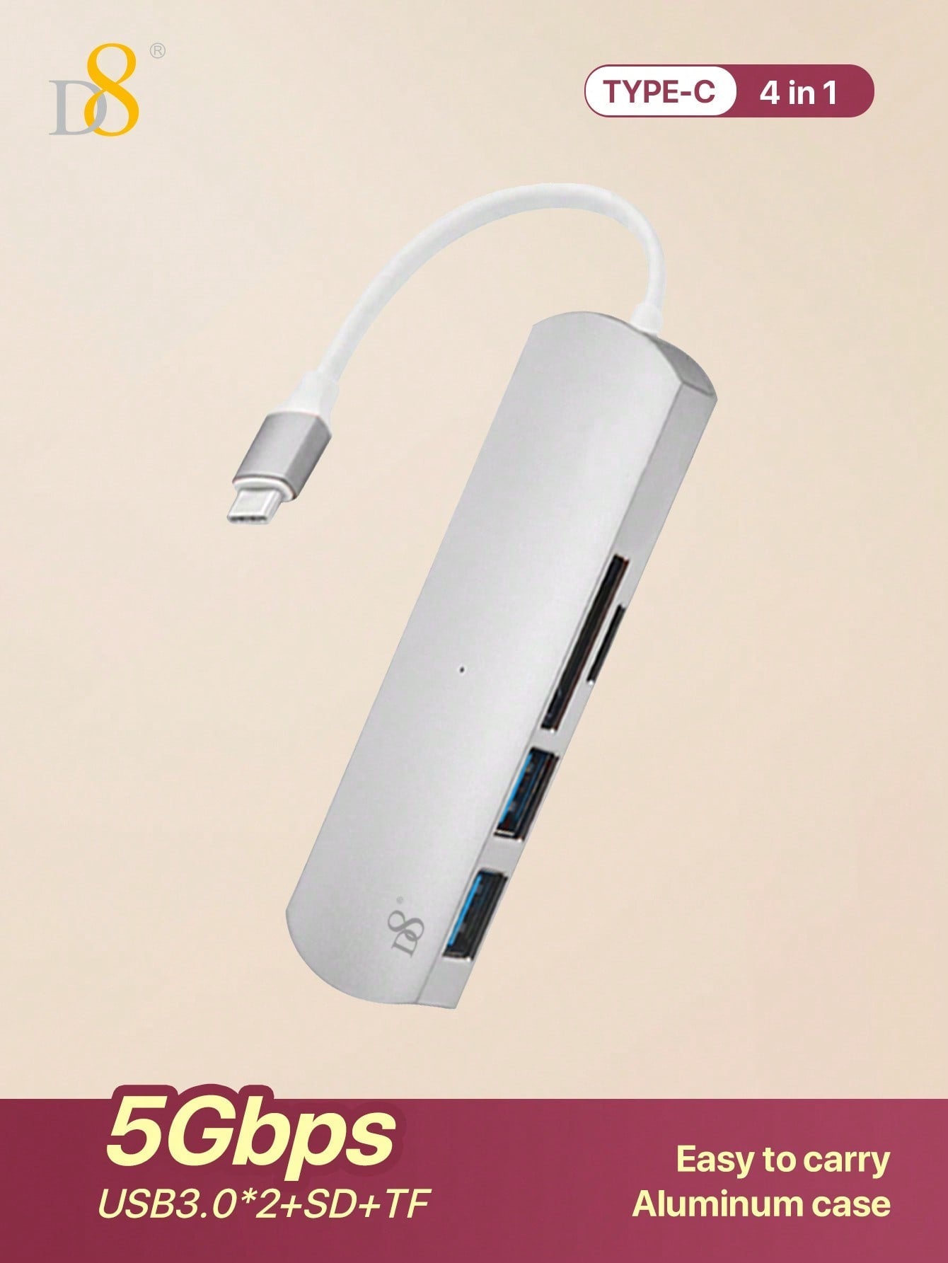 D8 4-in-1 USB-C 허브 USB-C · USB 3.0 x2 · SD/TF 리더기 탑재! 5Gbps 고속 전송 · 알루미늄 바디 · 플러그 앤 플레이