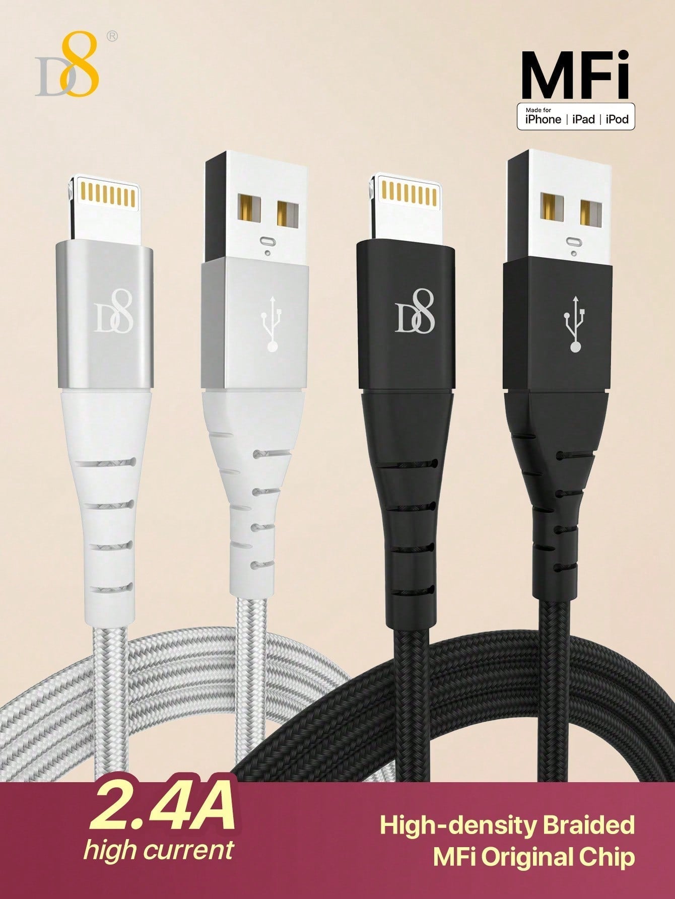 D8 아이폰 충전 케이블 (2개입) MFi 인증 | 1m (3.3FT) | USB-A to Lightning | 고속충전 & 데이터전송 | 나일론 브레이디드