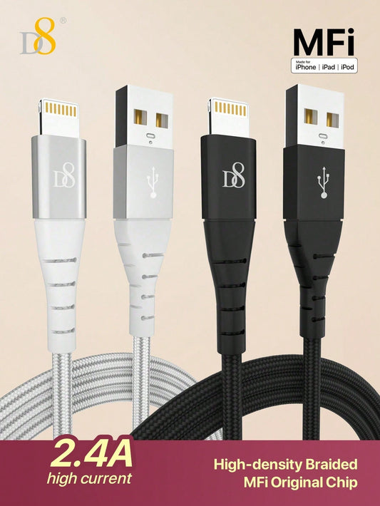 D8 아이폰 충전 케이블 (2개입) MFi 인증 | 1m (3.3FT) | USB-A to Lightning | 고속충전 & 데이터전송 | 나일론 브레이디드