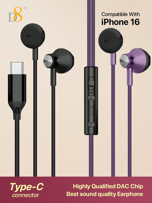 D8 USB-C 인이어 이어폰 – 마이크 & 볼륨 조절 탑재 / iPhone, Galaxy, iPad 호환 유선 이어폰