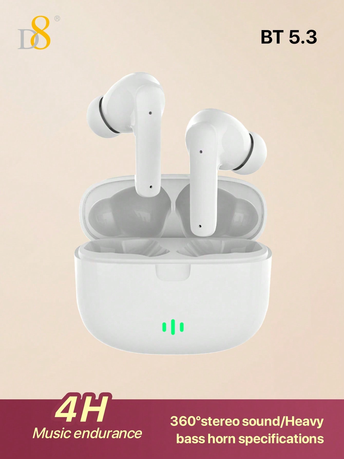 D8 무선 이어버드 스테레오 베이스 | 13mm 드라이버 | 4시간 연속 재생 | USB-C 충전 케이스 포함