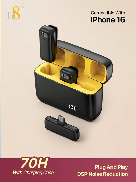 D8 무선 라발리에 마이크 USB-C 2-in-1 타입 | 70시간 배터리 | 충전 케이스 포함 | 고음질 노이즈 캔슬링