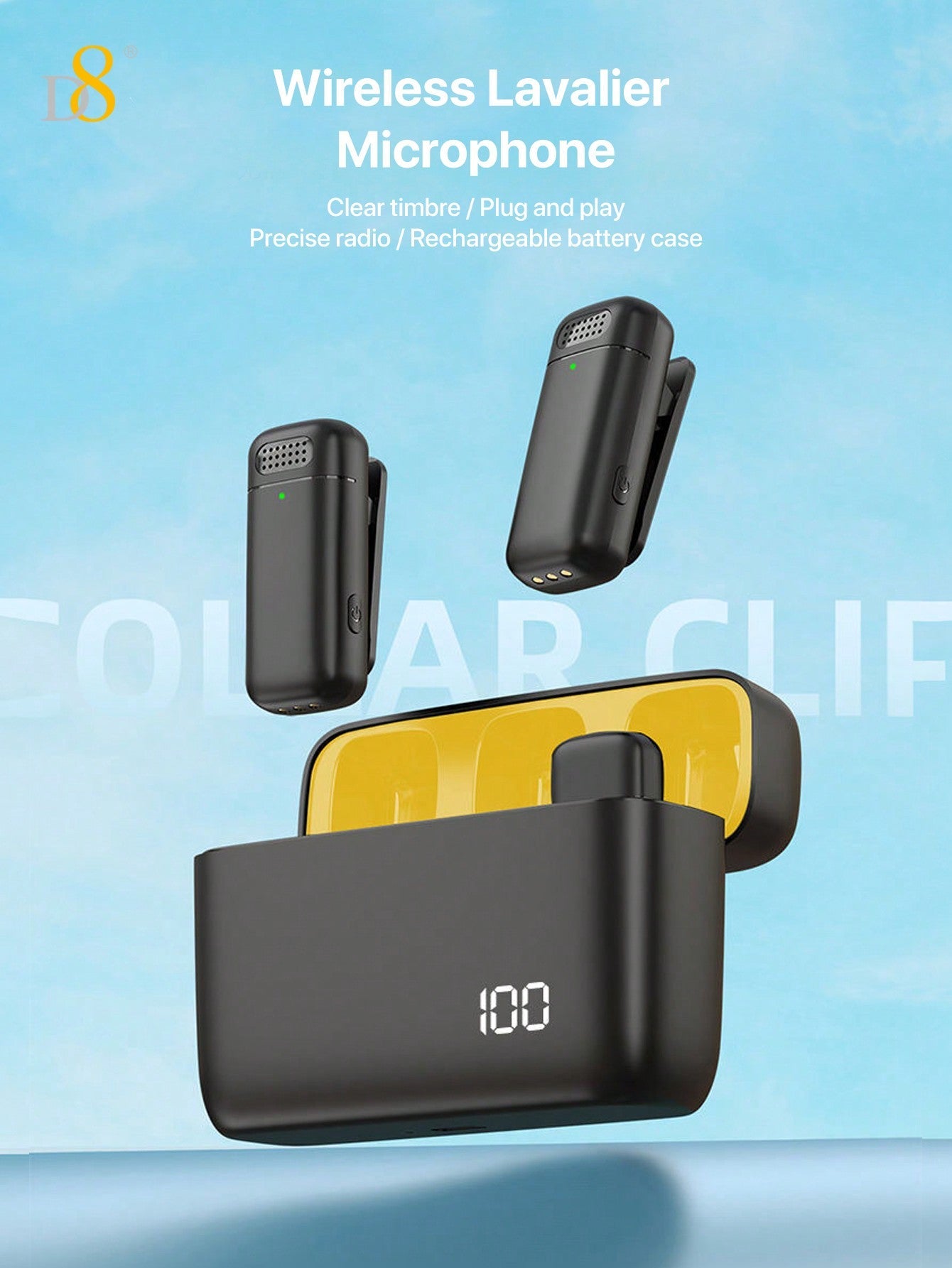 D8 무선 라발리에 마이크 USB-C 2-in-1 타입 | 70시간 배터리 | 충전 케이스 포함 | 고음질 노이즈 캔슬링