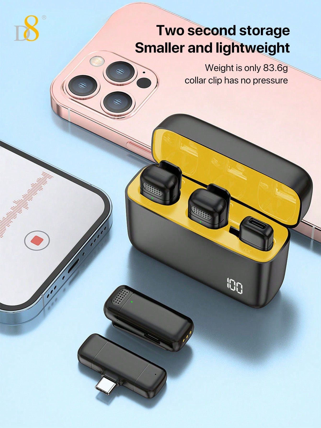 D8 무선 라발리에 마이크 USB-C 2-in-1 타입 | 70시간 배터리 | 충전 케이스 포함 | 고음질 노이즈 캔슬링