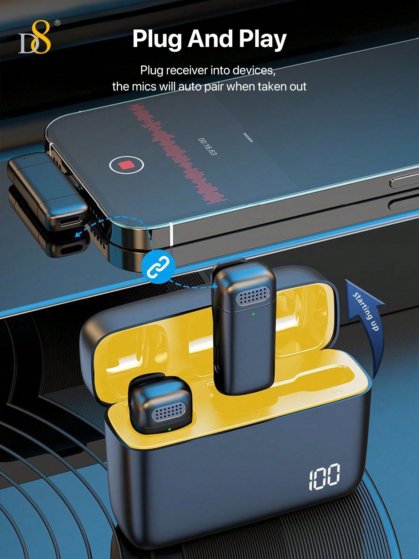 D8 무선 라발리에 마이크 USB-C 2-in-1 타입 | 70시간 배터리 | 충전 케이스 포함 | 고음질 노이즈 캔슬링