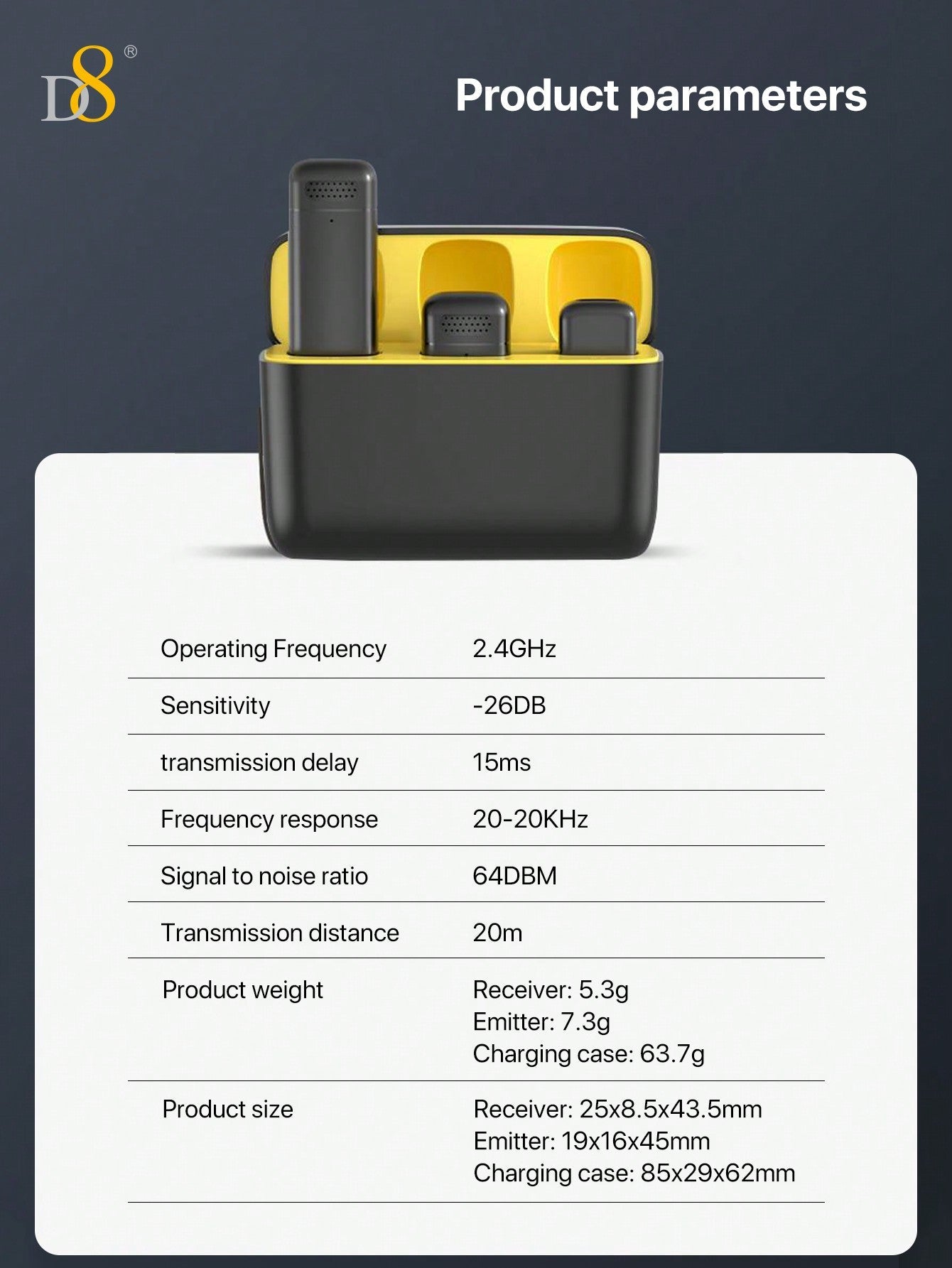 D8 무선 라발리에 마이크 USB-C 2-in-1 타입 | 70시간 배터리 | 충전 케이스 포함 | 고음질 노이즈 캔슬링