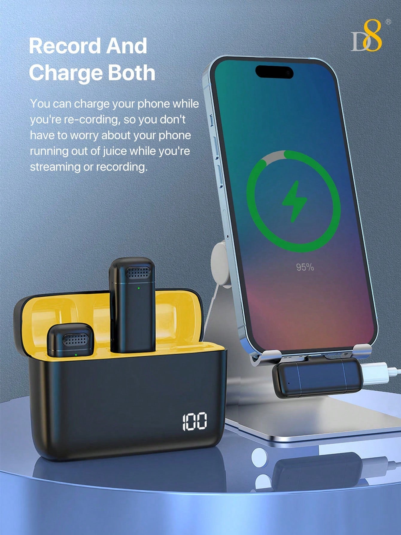 D8 무선 라발리에 마이크 USB-C 2-in-1 타입 | 70시간 배터리 | 충전 케이스 포함 | 고음질 노이즈 캔슬링