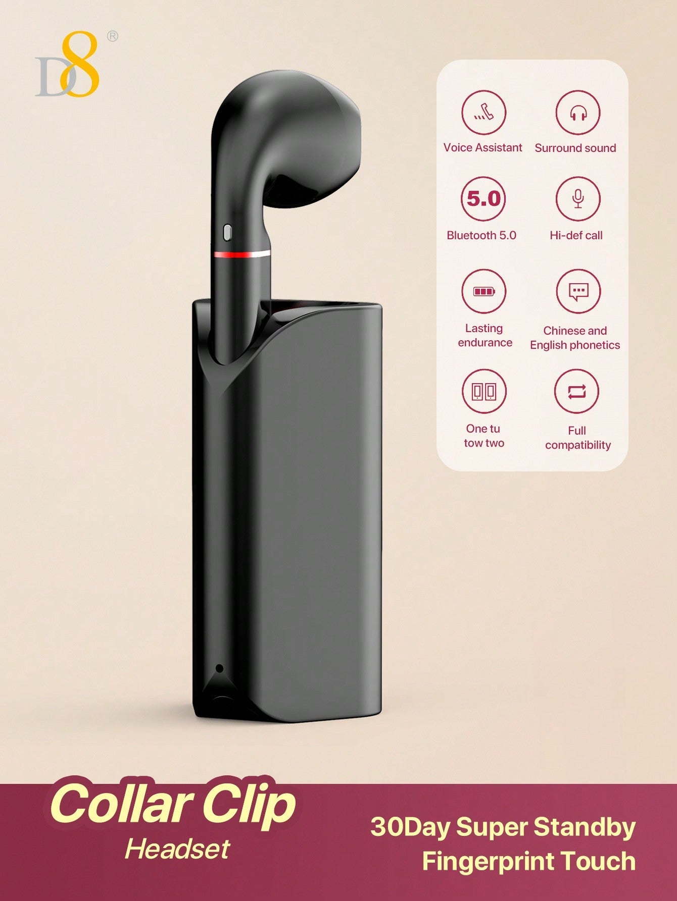 D8 무선 마이크 클립형 이어버드 Bluetooth 5.0 / 10mm 중저음 강화 드라이버 / USB-C 충전 / 5시간 연속 재생 / iOS & Android 호환