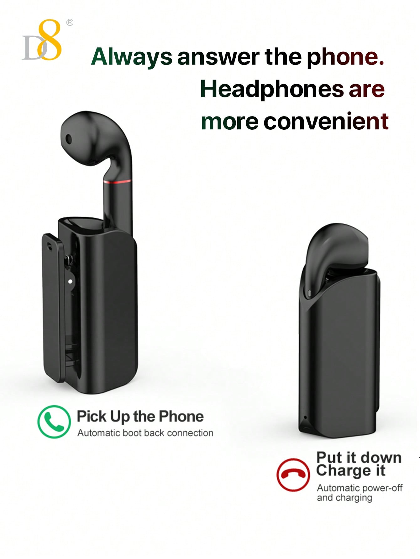 D8 무선 마이크 클립형 이어버드 Bluetooth 5.0 / 10mm 중저음 강화 드라이버 / USB-C 충전 / 5시간 연속 재생 / iOS & Android 호환