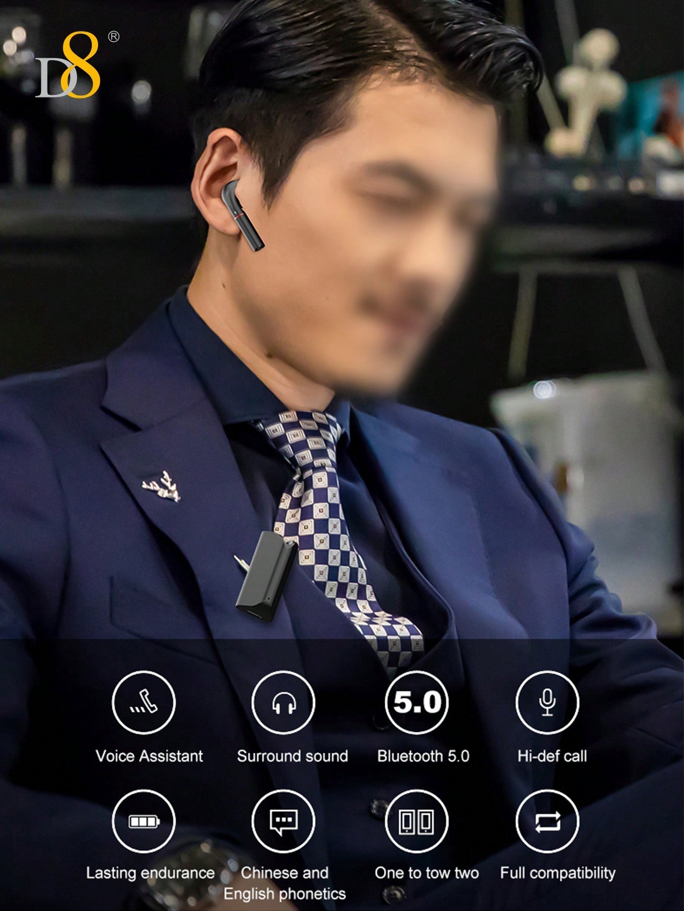 D8 무선 마이크 클립형 이어버드 Bluetooth 5.0 / 10mm 중저음 강화 드라이버 / USB-C 충전 / 5시간 연속 재생 / iOS & Android 호환