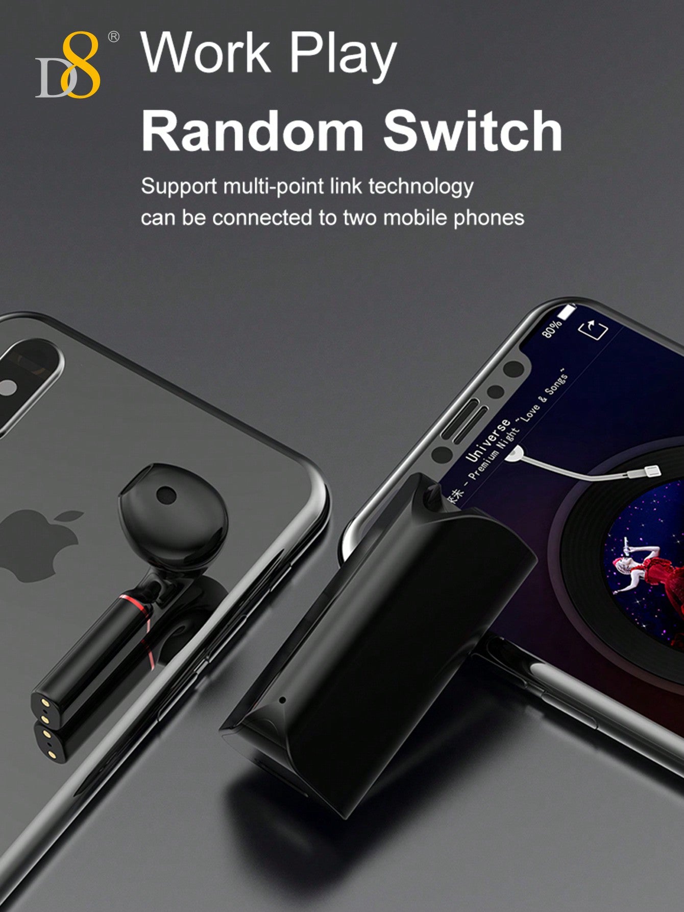 D8 무선 마이크 클립형 이어버드 Bluetooth 5.0 / 10mm 중저음 강화 드라이버 / USB-C 충전 / 5시간 연속 재생 / iOS & Android 호환