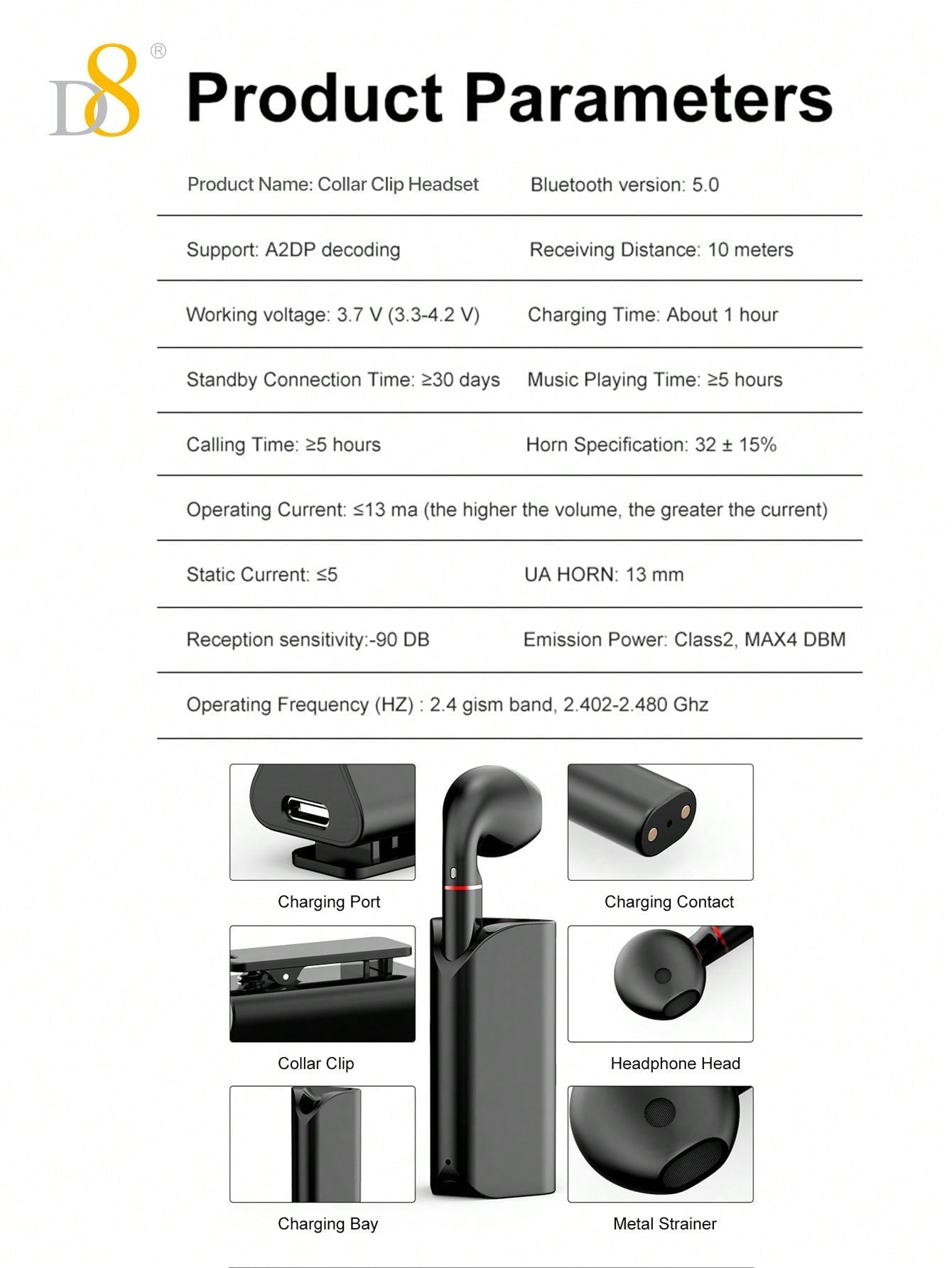 D8 무선 마이크 클립형 이어버드 Bluetooth 5.0 / 10mm 중저음 강화 드라이버 / USB-C 충전 / 5시간 연속 재생 / iOS & Android 호환