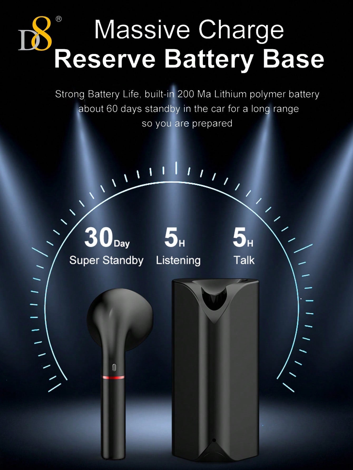 D8 무선 마이크 클립형 이어버드 Bluetooth 5.0 / 10mm 중저음 강화 드라이버 / USB-C 충전 / 5시간 연속 재생 / iOS & Android 호환