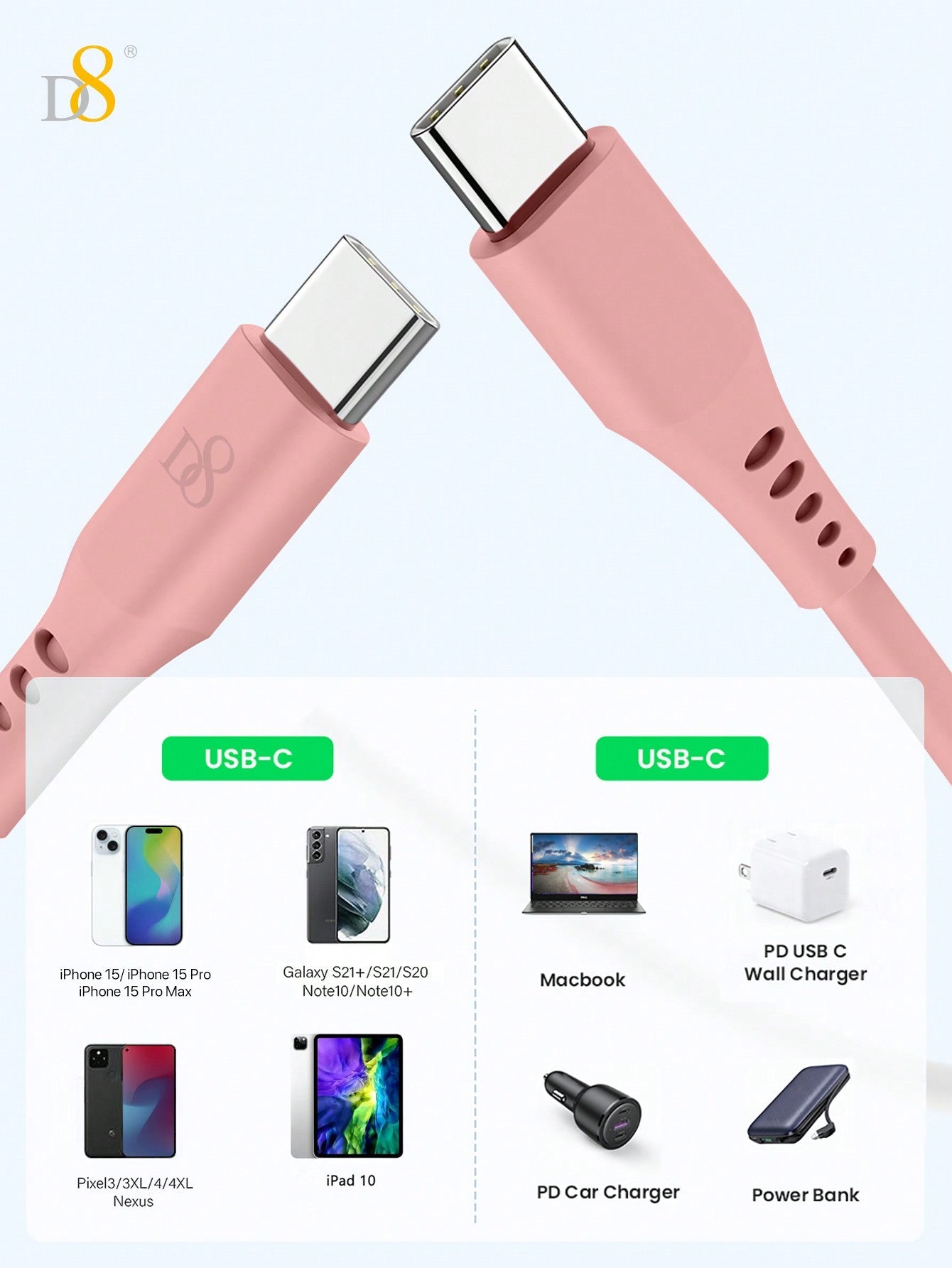 D8 USB-C 키체인 케이블 iPhone 16 / MacBook / iPad Pro 호환 | 60W 고속충전 | 휴대용 데이터 전송 케이블
