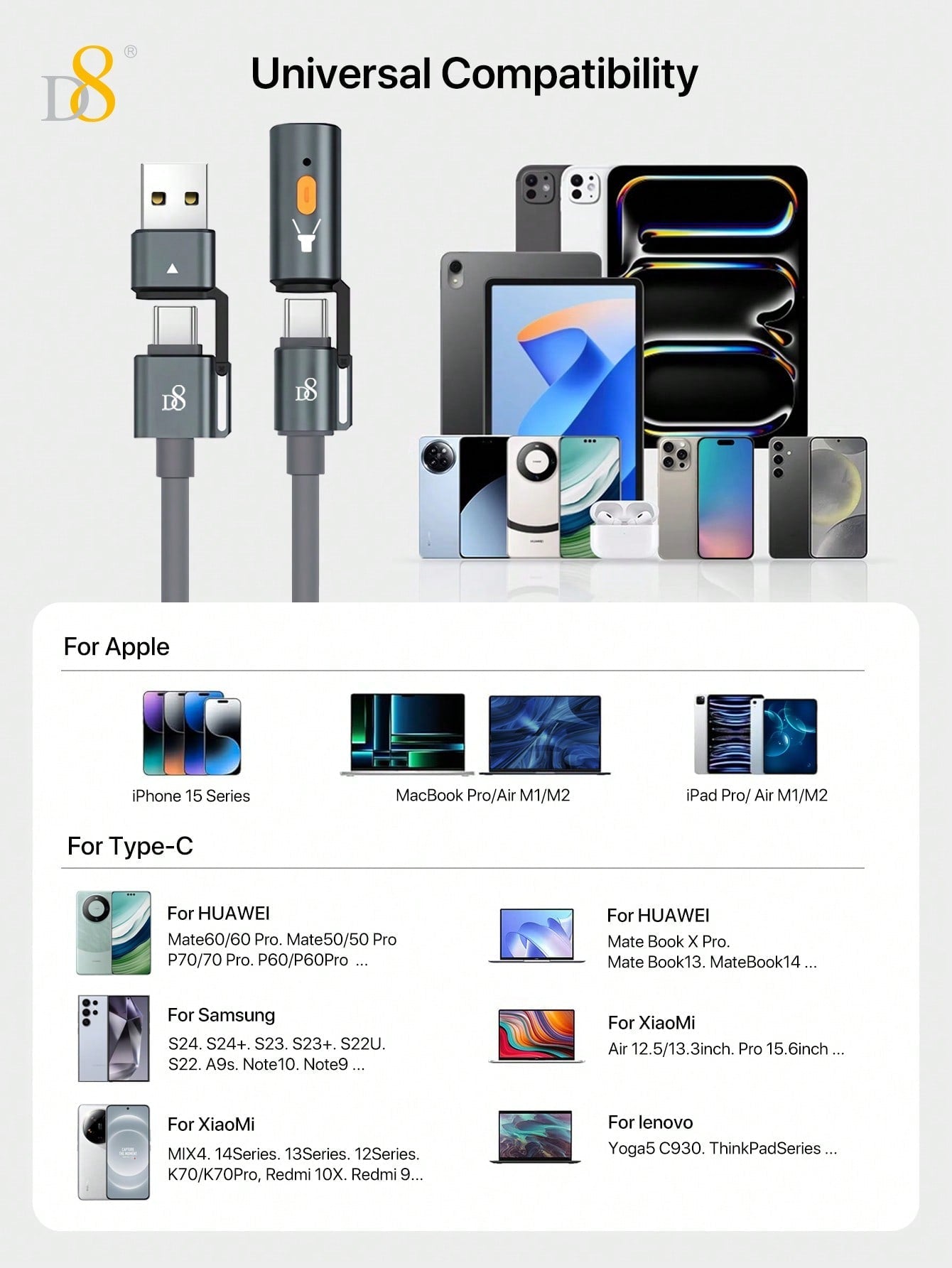 D8 240W 3-in-1 고속 충전 케이블 USB-C | 라이트닝 | 마이크로 5핀 | LED 무드등 내장 | 노트북/스마트폰 동시 지원
