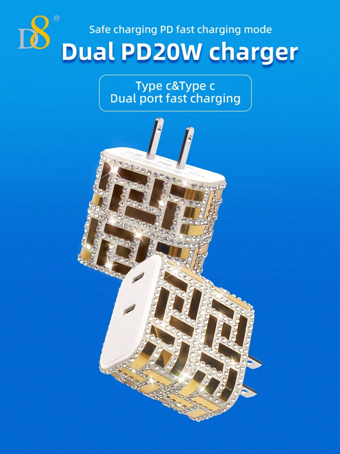 D8 크리스탈 USB-C 듀얼 포트 고속 충전기 20W PD 고속충전 | 아이폰 16/15 시리즈 호환 | 우아한 크리스탈 디자인