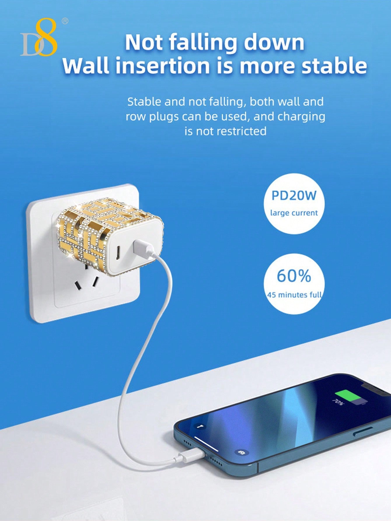 D8 크리스탈 USB-C 듀얼 포트 고속 충전기 20W PD 고속충전 | 아이폰 16/15 시리즈 호환 | 우아한 크리스탈 디자인