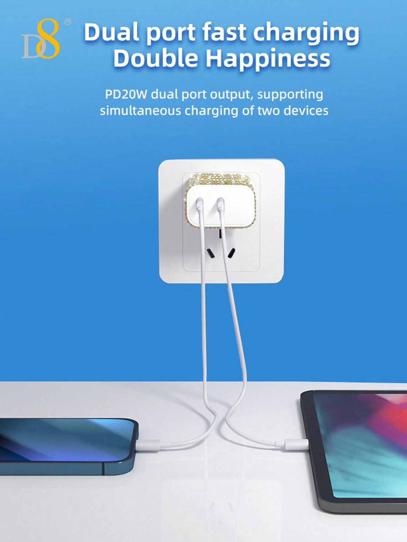 D8 크리스탈 USB-C 듀얼 포트 고속 충전기 20W PD 고속충전 | 아이폰 16/15 시리즈 호환 | 우아한 크리스탈 디자인