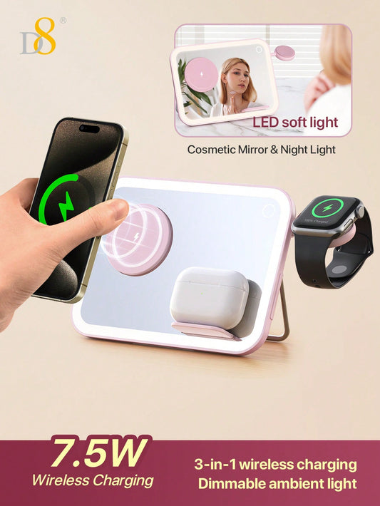 D8 3-in-1 무선 충전 스테이션 7.5W 고속 무선 충전 | LED 무드등 | 화장용 거울 | 눈에 부담 없는 소프트 라이트