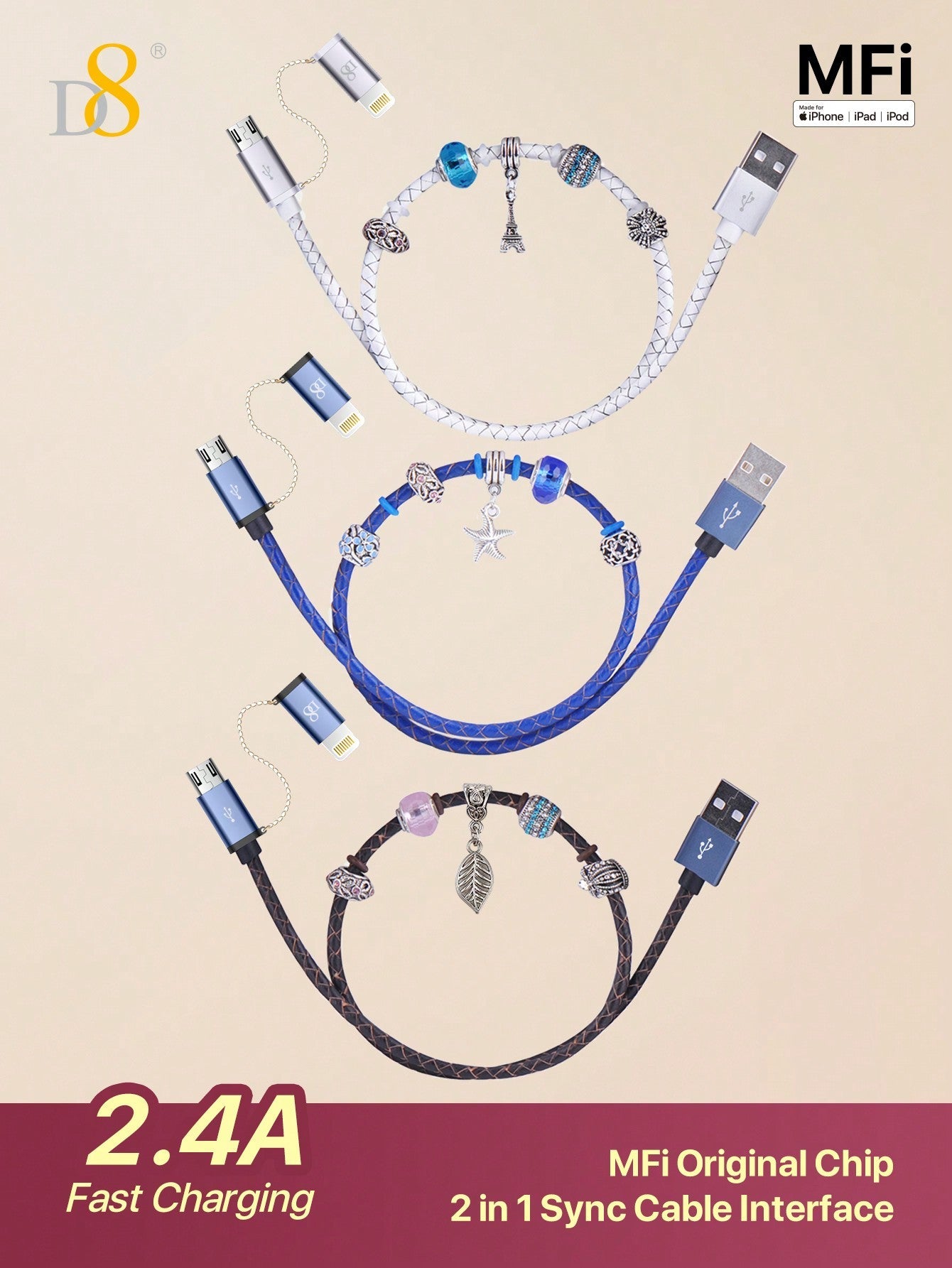 D8 핸드메이드 비즈 충전 케이블 MFi 인증 | 2-in-1 라이트닝 & 마이크로 USB | 수공예 감성 디자인