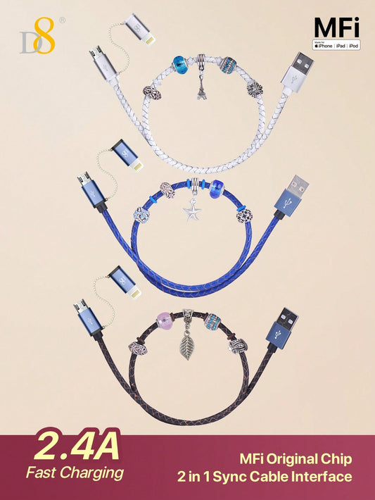 D8 핸드메이드 비즈 충전 케이블 MFi 인증 | 2-in-1 라이트닝 & 마이크로 USB | 수공예 감성 디자인