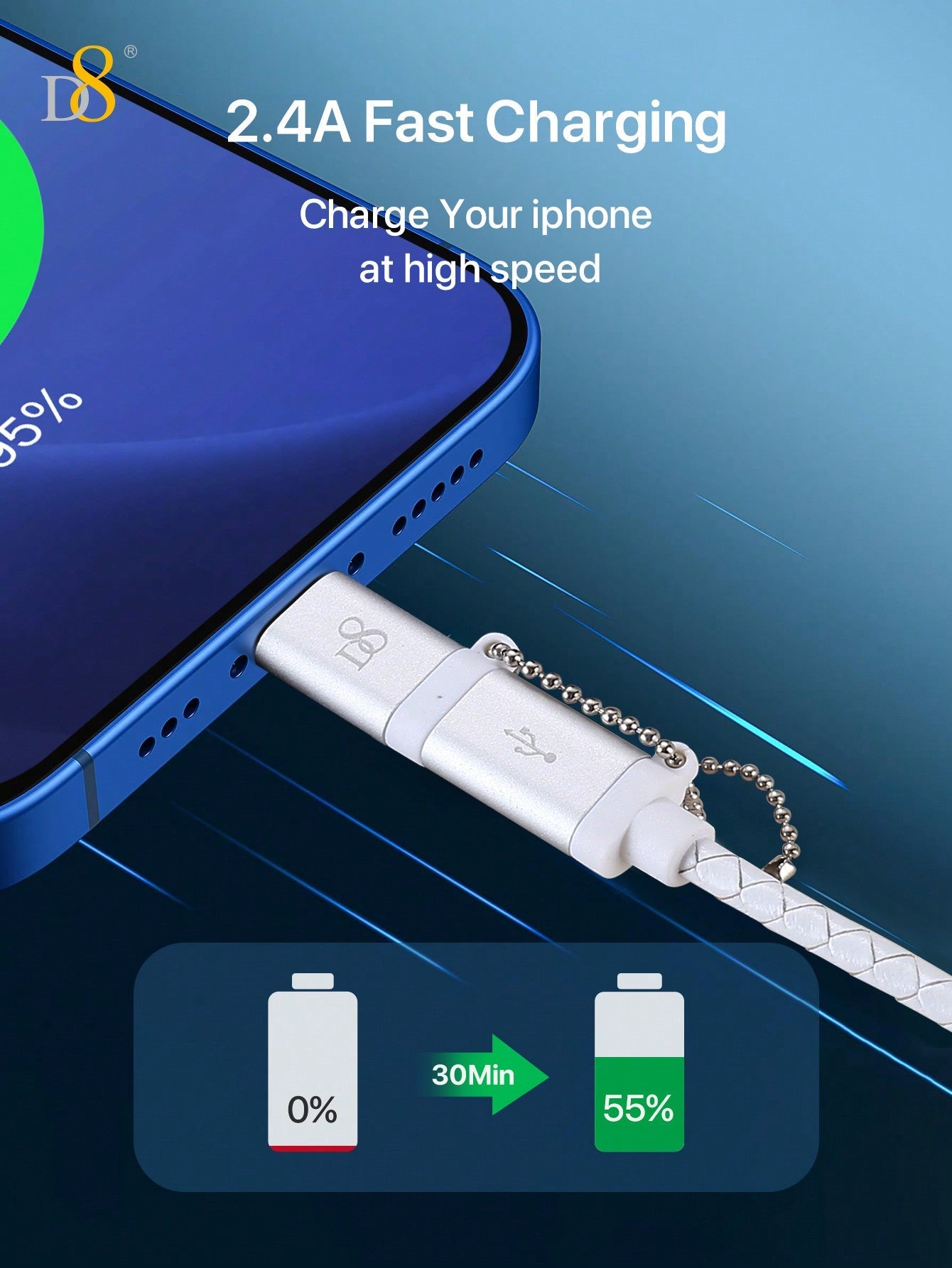 D8 핸드메이드 비즈 충전 케이블 MFi 인증 | 2-in-1 라이트닝 & 마이크로 USB | 수공예 감성 디자인