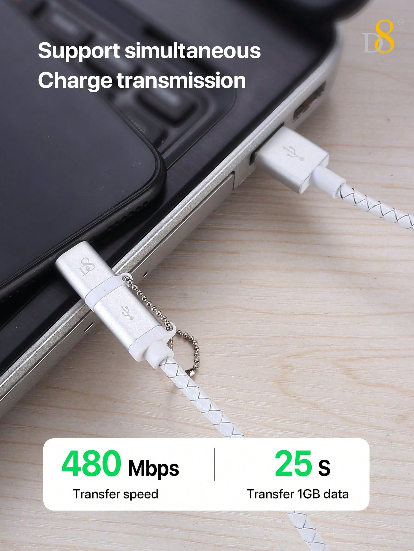 D8 핸드메이드 비즈 충전 케이블 MFi 인증 | 2-in-1 라이트닝 & 마이크로 USB | 수공예 감성 디자인