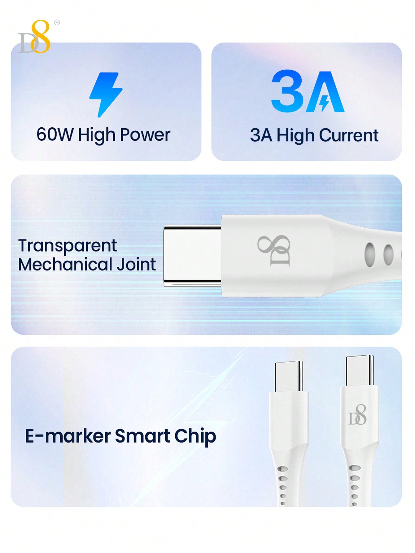 D8 USB-C 키체인 충전 & 데이터 케이블 (1.2M) 60W 고속 충전 | 데이터 전송 | 휴대용 키링 디자인 | 전기종 USB-C 호환