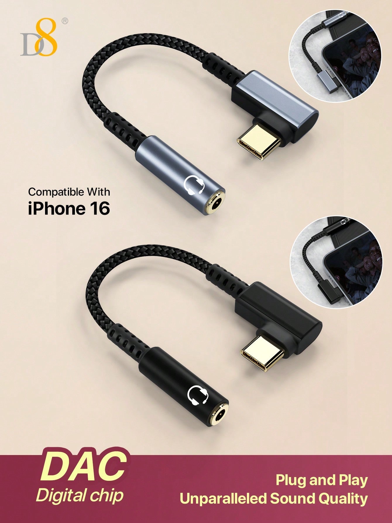D8 USB-C to 3.5mm 오디오 어댑터 스마트폰 · 태블릿 · 노트북용 AUX 오디오 동글
