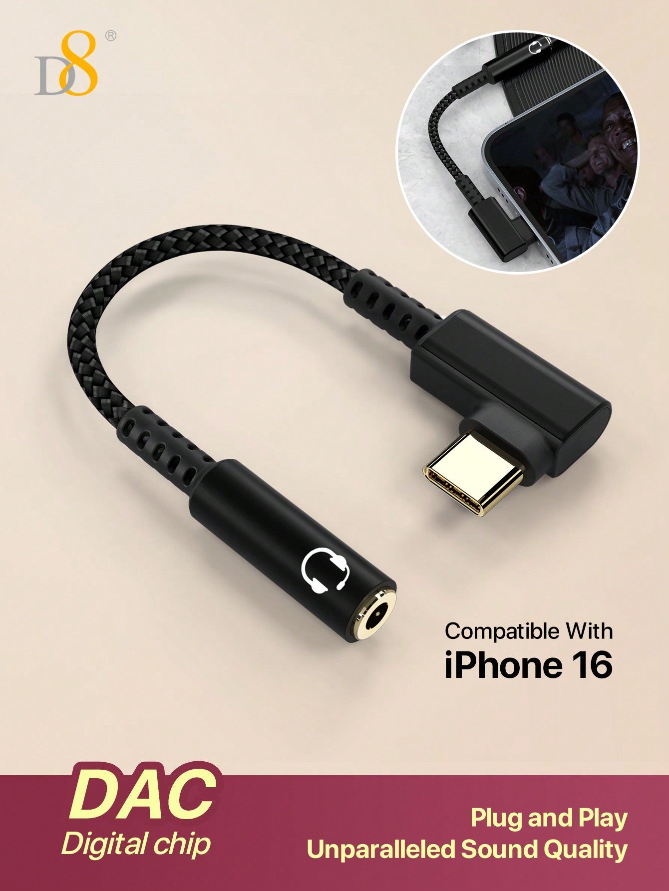 D8 USB-C to 3.5mm 오디오 어댑터 스마트폰 · 태블릿 · 노트북용 AUX 오디오 동글