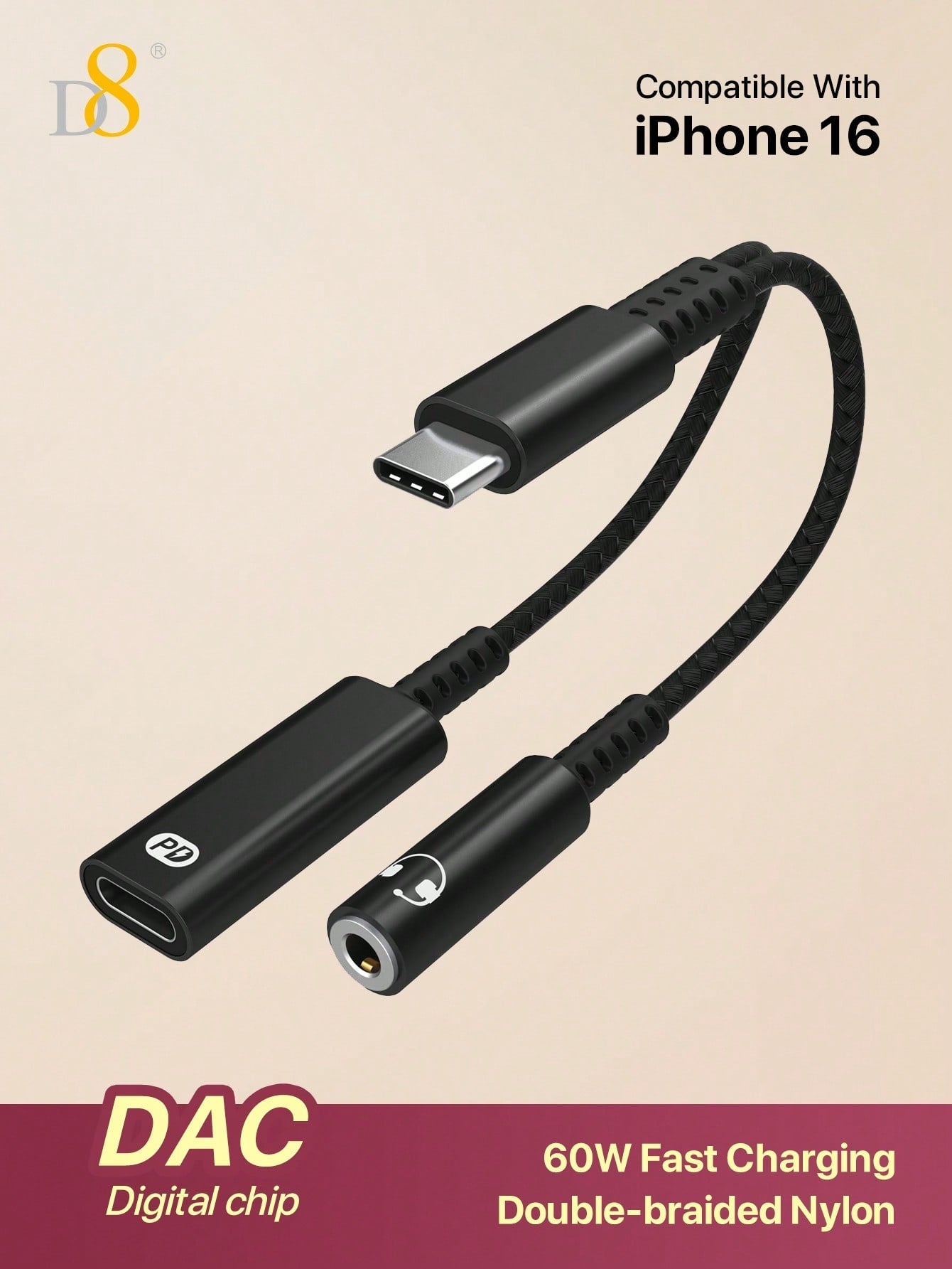 🔌 D8 USB-C to 3.5mm 2-in-1 어댑터 오디오 + 60W 고속 충전 | iPhone 16/15 Pro, Galaxy S23/S22+, iPad Pro 호환