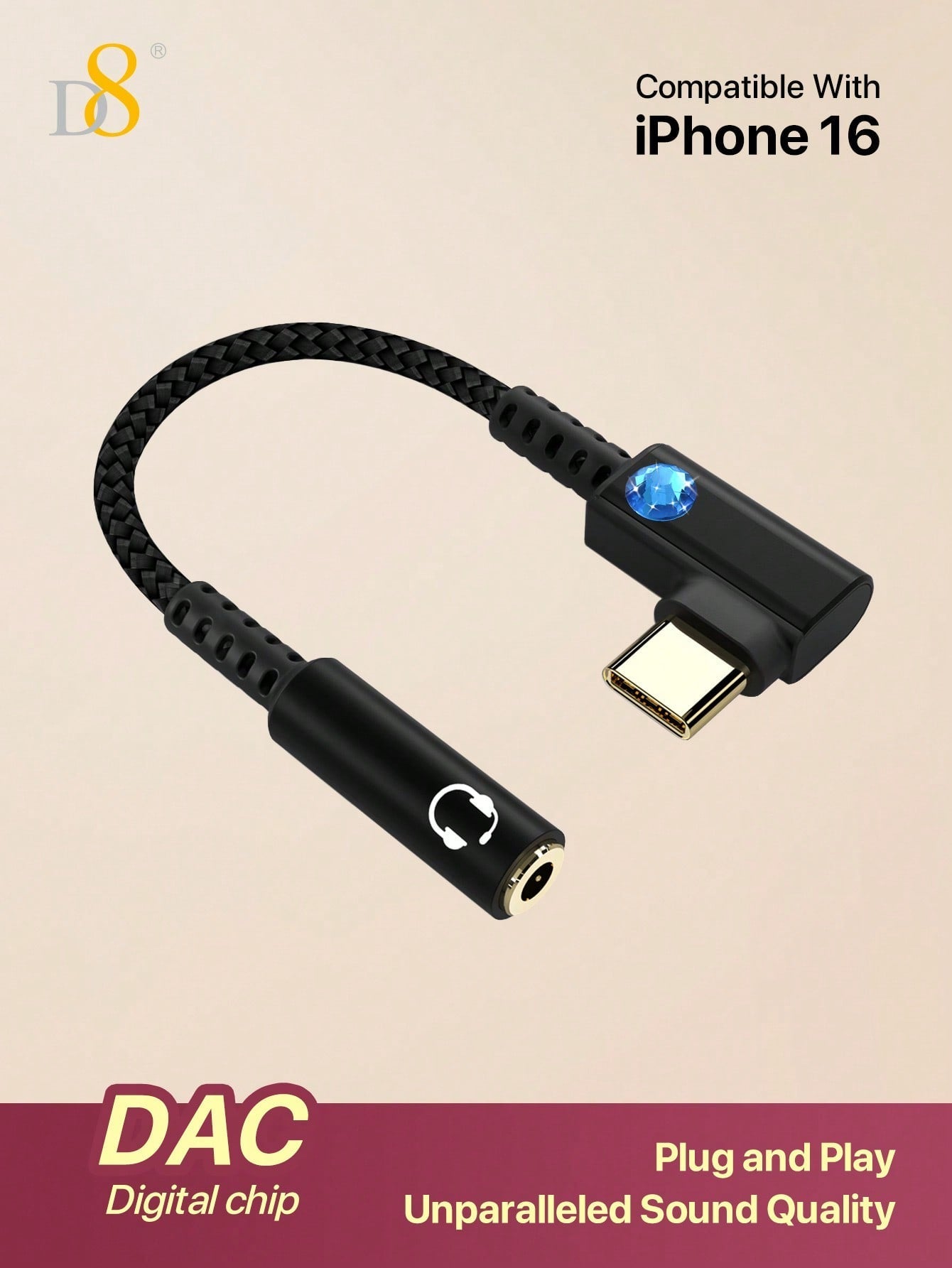 D8 USB C to 3.5mm 이어폰 젠더 어댑터 아이폰 16 Pro Max/15 Pro/15, 갤럭시 S24/S23/S22 울트라, 아이패드 Pro, 픽셀 9/8 호환