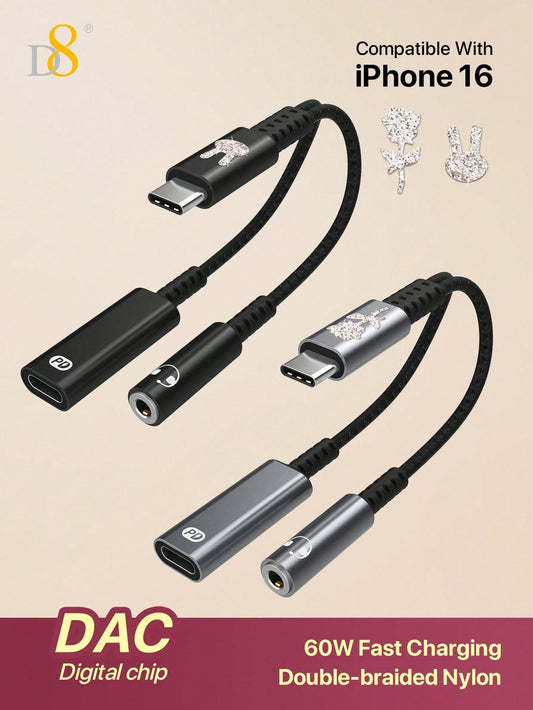 🎧🔋 D8 USB-C 2-in-1 오디오 & 충전 어댑터 PD 60W 고속충전 + 3.5mm 이어폰 단자 동시 지원 아이폰 16/15 시리즈, 아이패드, 삼성 갤럭시 등 완벽 호환