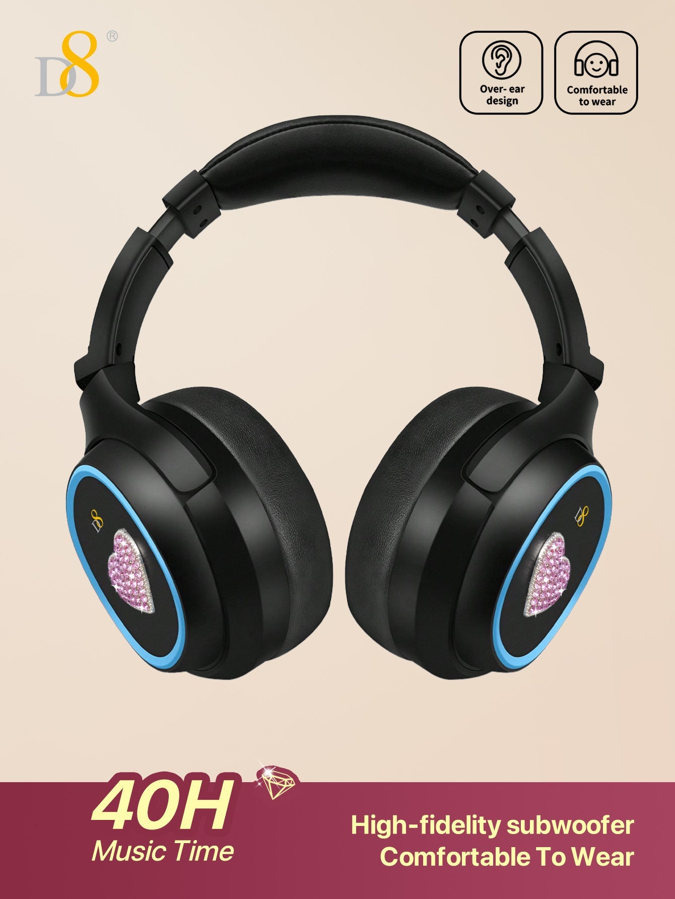 D8 무선 오버이어 헤드폰 블루투스 & 3.5mm 듀얼 연결 | 마이크 내장 | 마이크로 SD/TF 카드 지원 | 고음질 스테레오 사운드 | 장시간 착용 최적화 | 휴대 간편 접이식 디자인