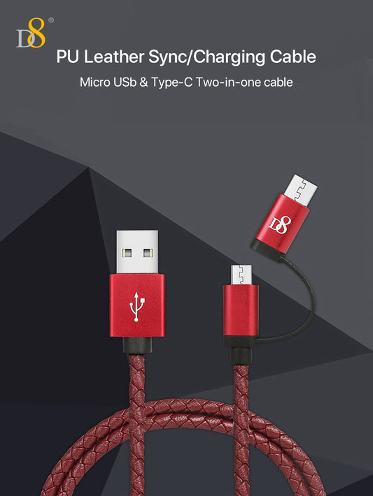 D8 2-in-1 마이크로 & USB-C 충전 케이블 고급 PU 가죽 & 알루미늄 디자인 | 다기능 고속 충전 솔루션