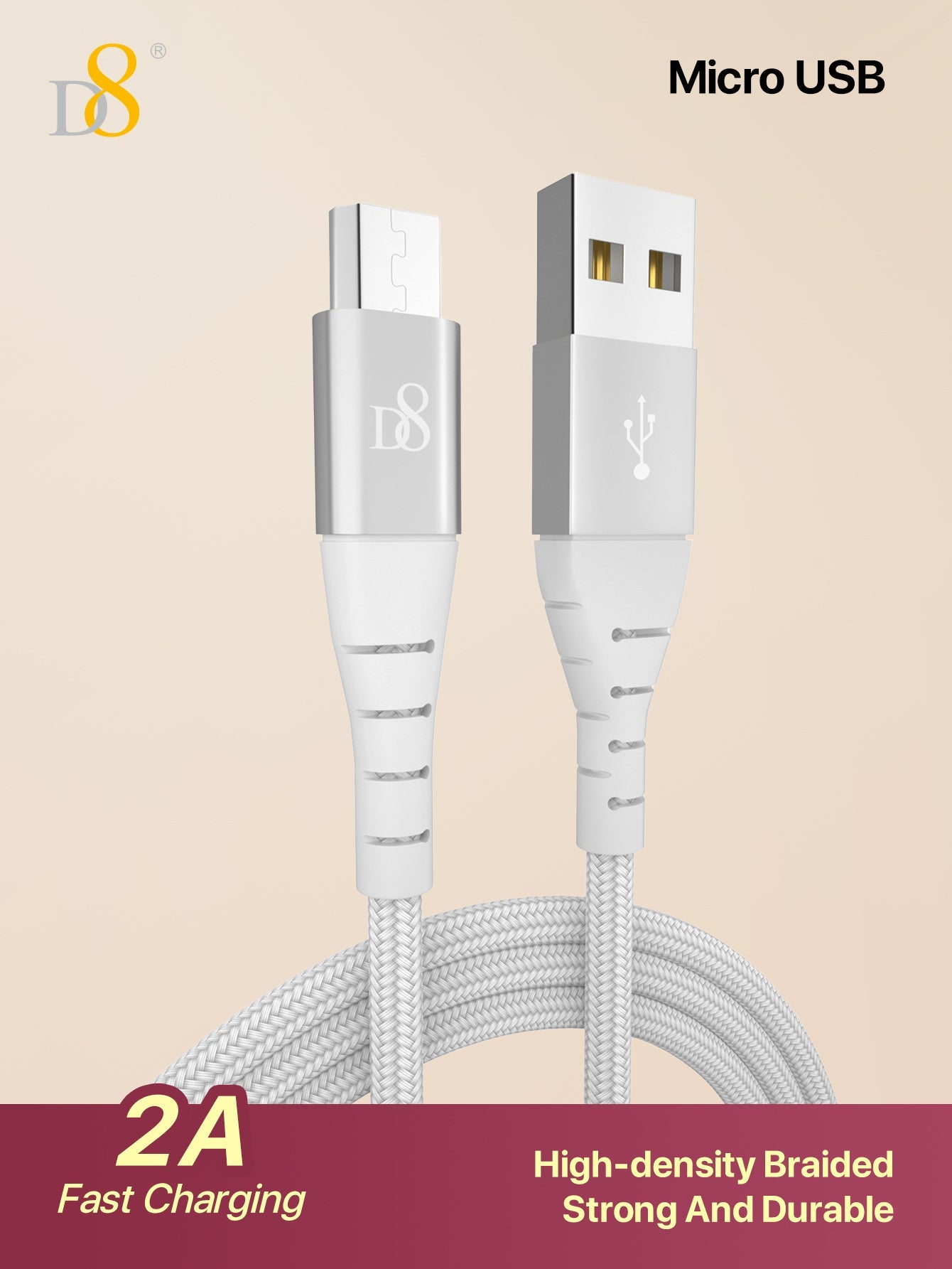 D8 나일론 브레이드 마이크로 USB 케이블 (1m) 강력한 내구성 + 세련된 디자인의 고품질 충전/데이터 케이블
