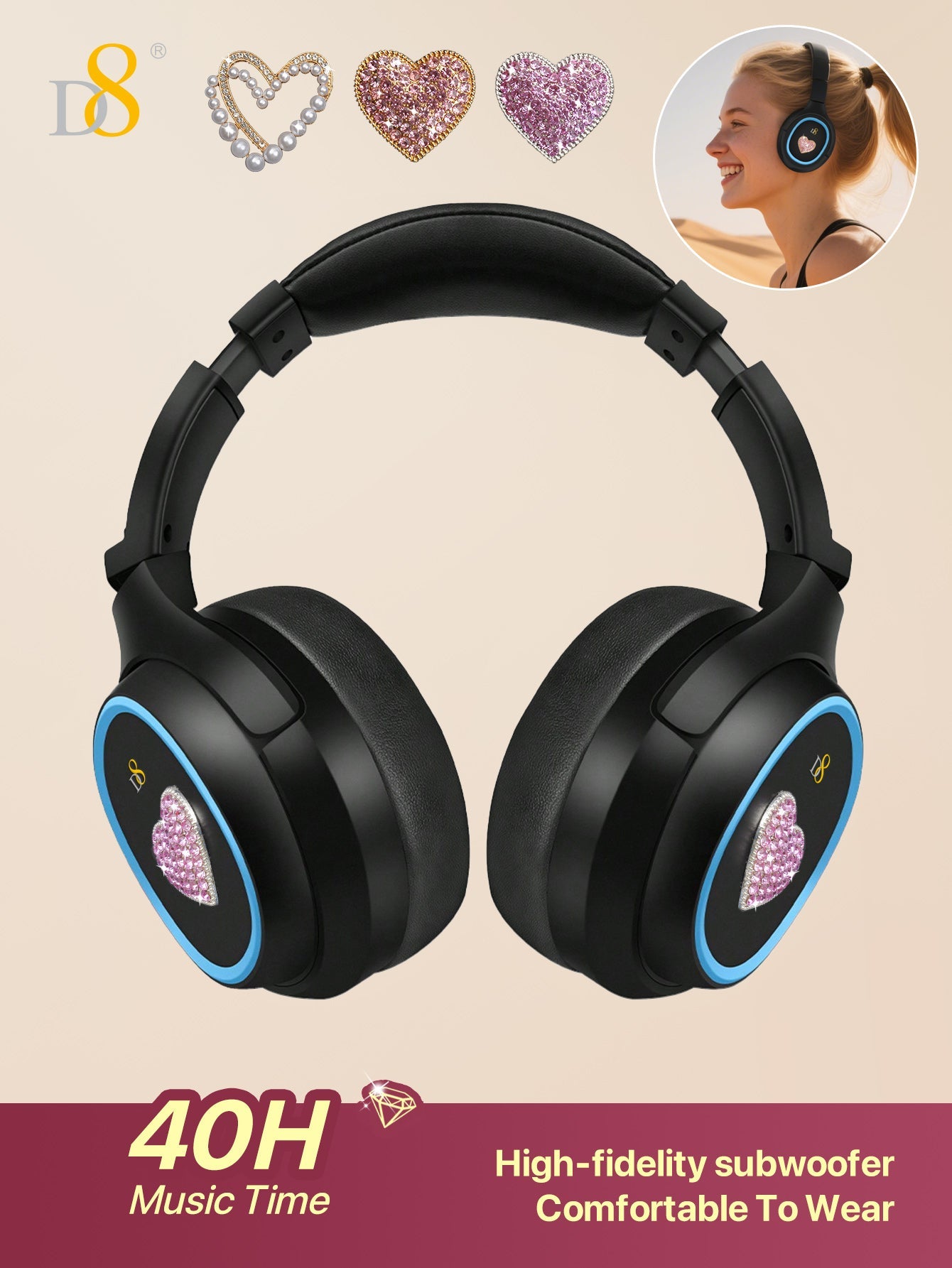 D8 무선 오버이어 헤드폰 블루투스 & 3.5mm 듀얼 연결 | 마이크 내장 | 마이크로 SD/TF 카드 지원 | 고음질 스테레오 사운드 | 장시간 착용 최적화 | 휴대 간편 접이식 디자인