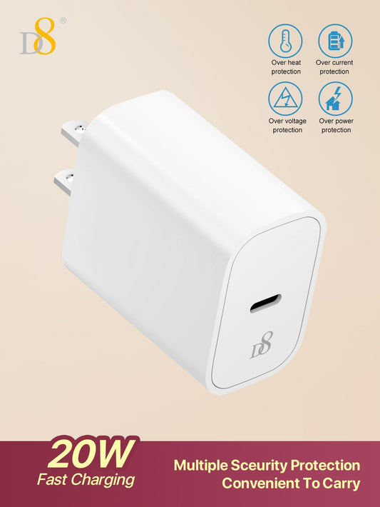 D8 PD 20W 초고속 USB-C 단일 포트 충전기 아이폰·안드로이드·아이패드 호환 | 미국형 플러그 | 초소형 고속충전기