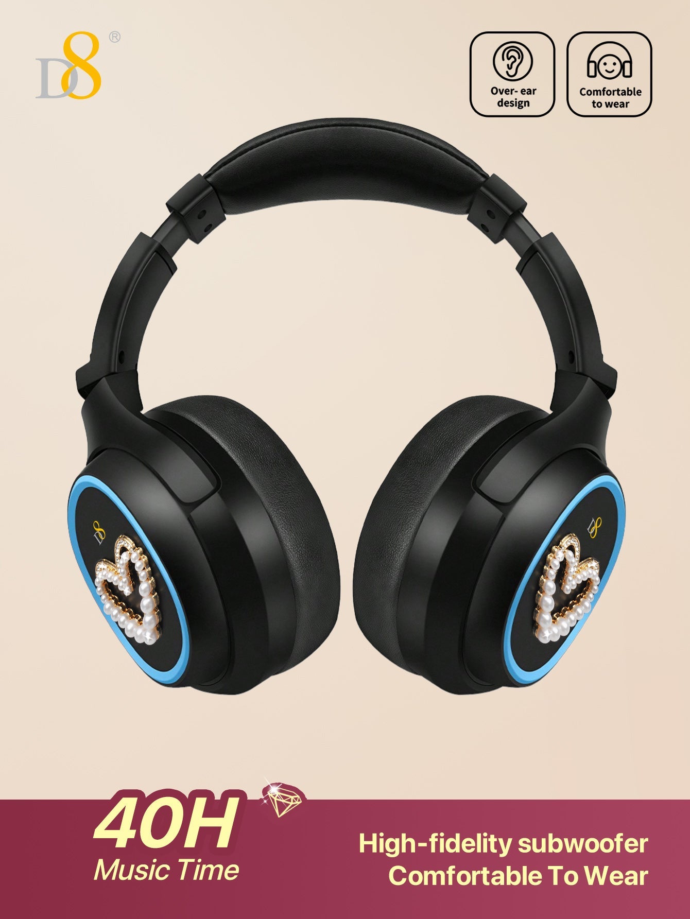 D8 무선 오버이어 헤드폰 블루투스 & 3.5mm 듀얼 연결 | 마이크 내장 | 마이크로 SD/TF 카드 지원 | 고음질 스테레오 사운드 | 장시간 착용 최적화 | 휴대 간편 접이식 디자인