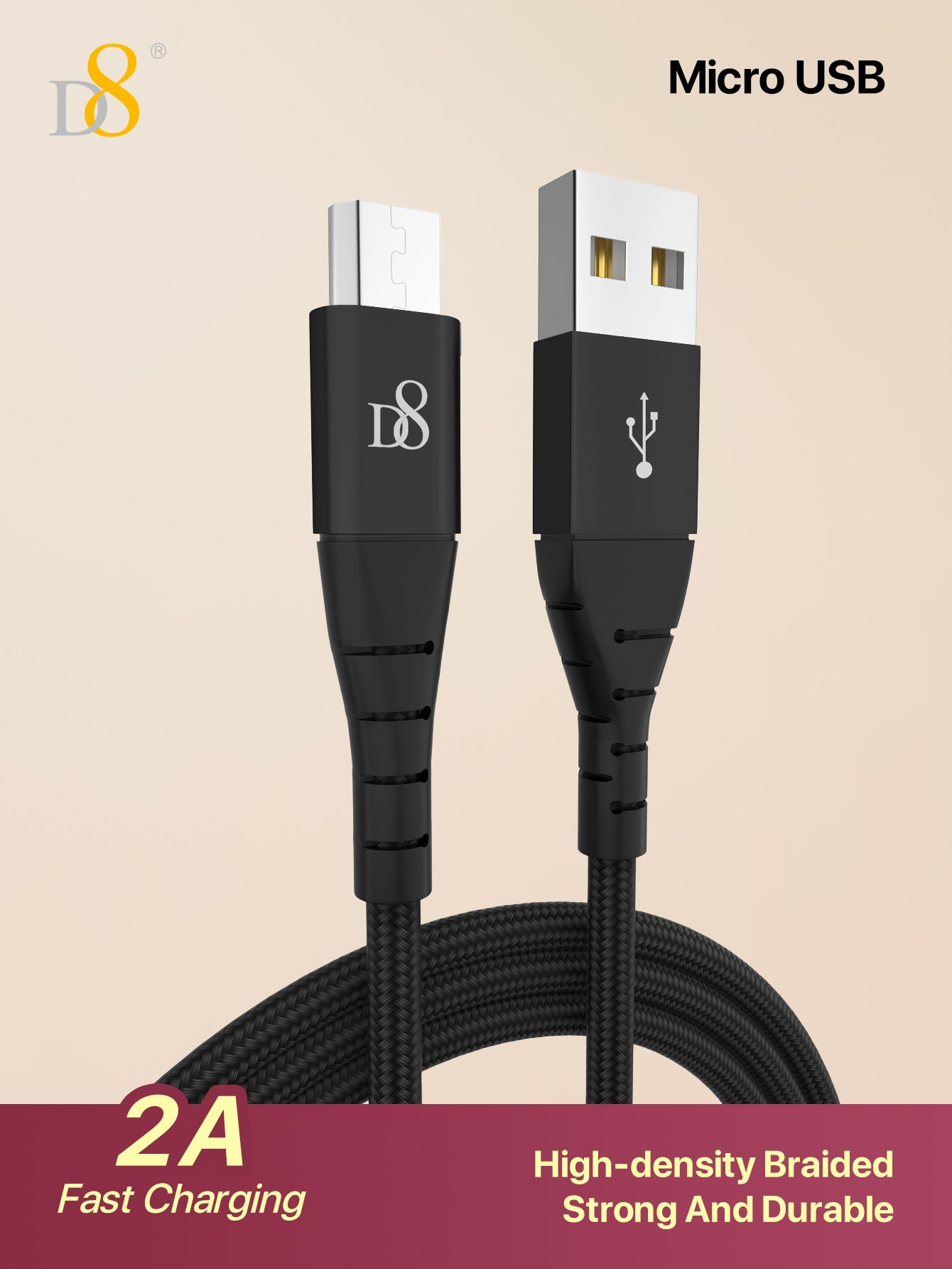 D8 나일론 브레이드 마이크로 USB 케이블 (1m) 강력한 내구성 + 세련된 디자인의 고품질 충전/데이터 케이블
