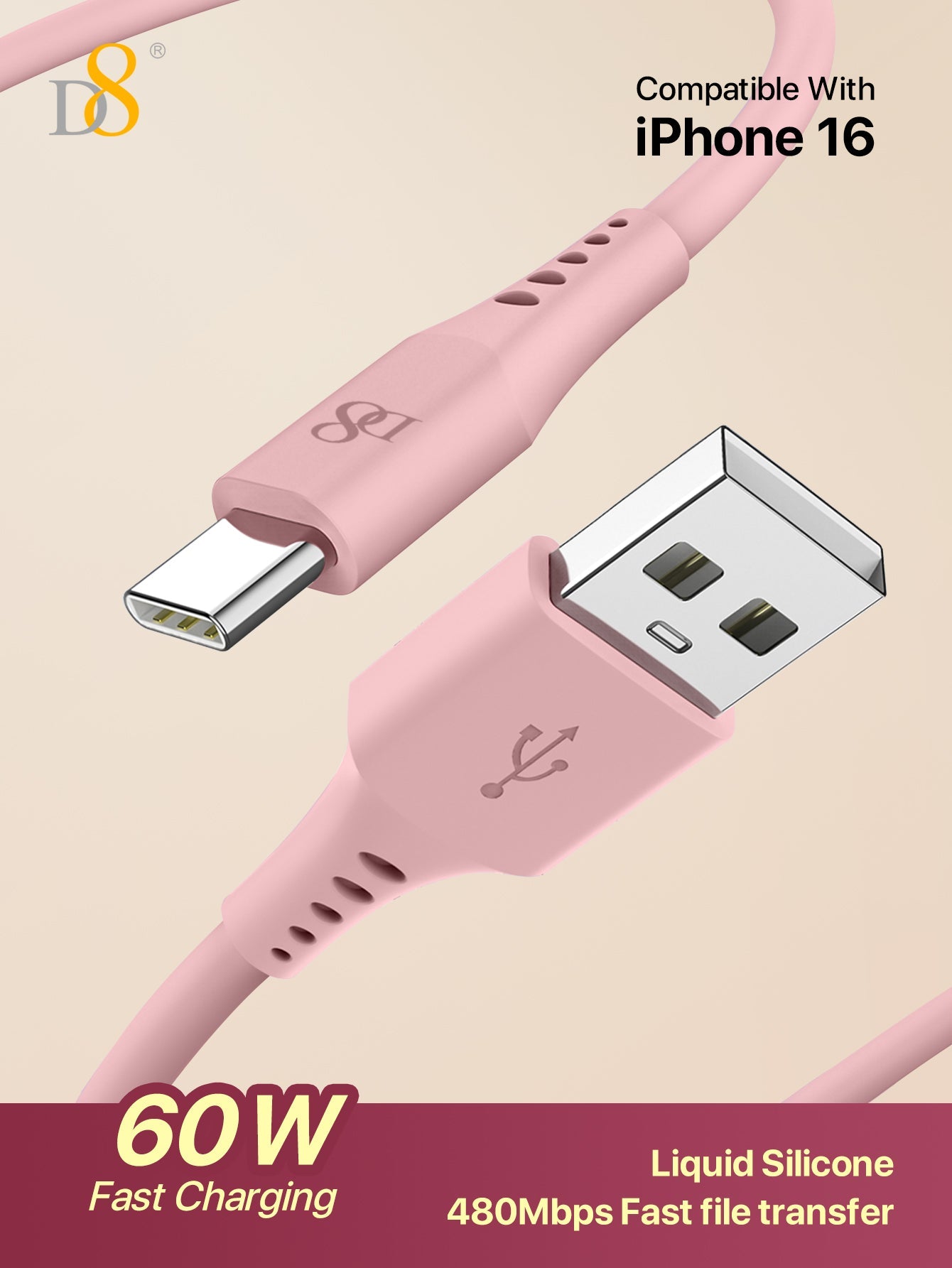 D8 USB-C 실리콘 충전 케이블 (3.3FT) 3A 고속충전 | 부드러운 실리콘 소재 | USB-A to USB-C | 폭넓은 호환성