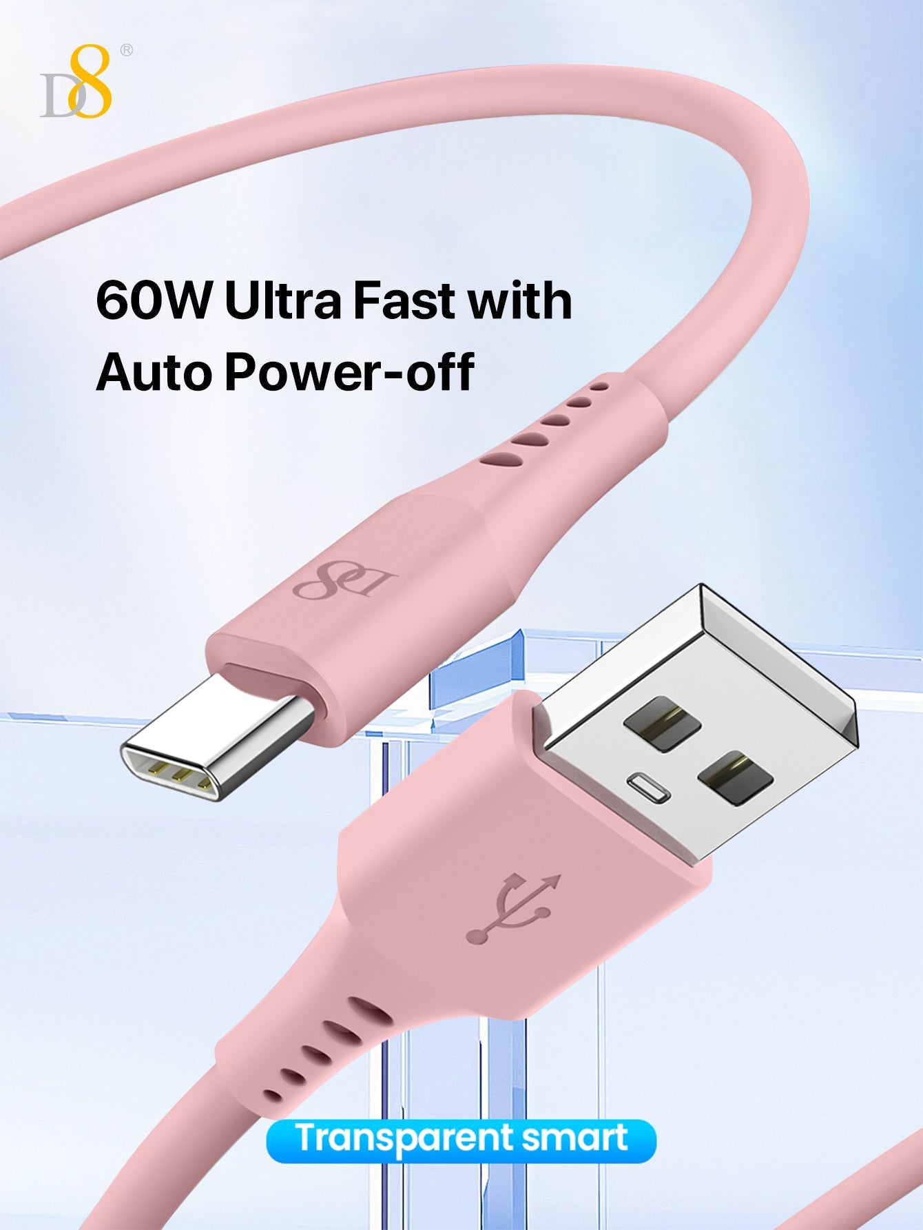 D8 USB-C 실리콘 충전 케이블 (3.3FT) 3A 고속충전 | 부드러운 실리콘 소재 | USB-A to USB-C | 폭넓은 호환성