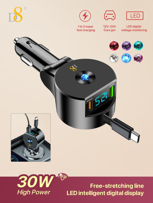 D8 접이식 3in1 차량용 고속충전기 30W USB-C PD + 18W QC3.0 | 3-in-1 케이블 | 접이식 + 리트랙터블 디자인