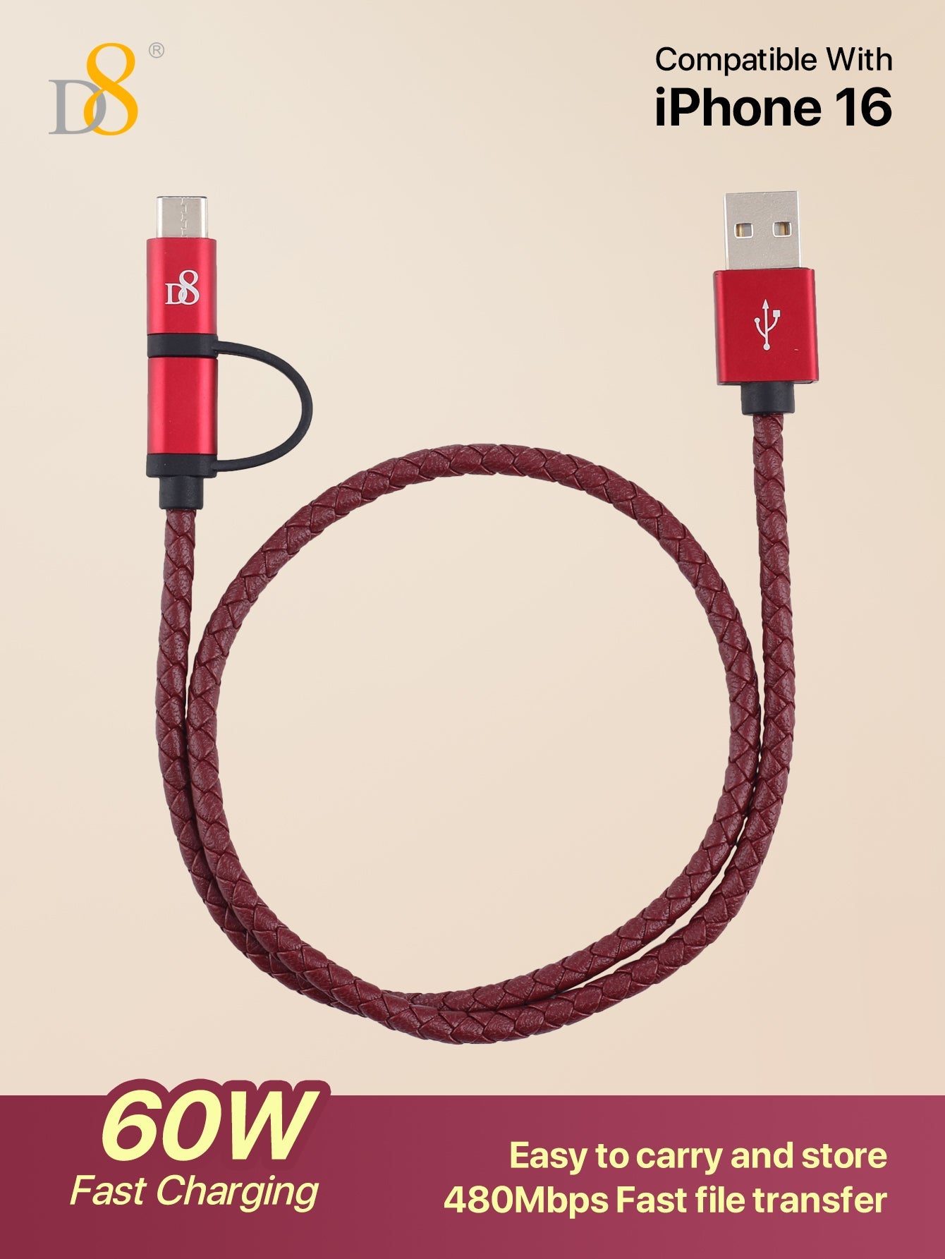 D8 2-in-1 마이크로 & USB-C 충전 케이블 고급 PU 가죽 & 알루미늄 디자인 | 다기능 고속 충전 솔루션
