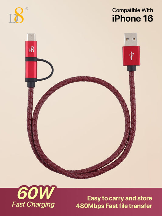 D8 2-in-1 마이크로 & USB-C 충전 케이블 고급 PU 가죽 & 알루미늄 디자인 | 다기능 고속 충전 솔루션
